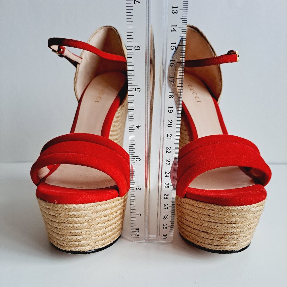 Gucci Red Suede Floral Embroidered Wedge Platform Ankle Strap Size 36.5 - Picture 11 of 16